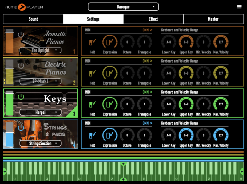 Sección de ajustes de Numa Player